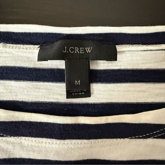 J Crew Top Women Sz M White Blue Stripe Boat Neck Nautical Coastal Preppy Casual - Picture 8 of 12